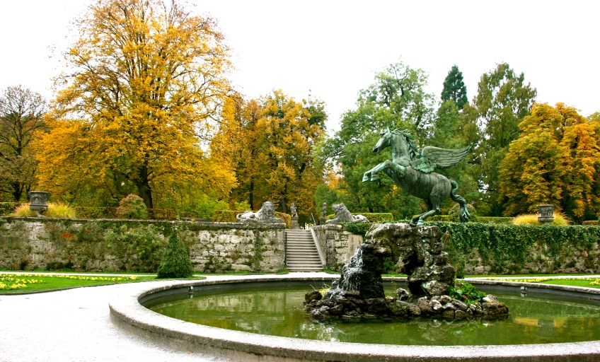 Fountain, Salzburg, Austria, Horse, Mirabell Gardens, Fall